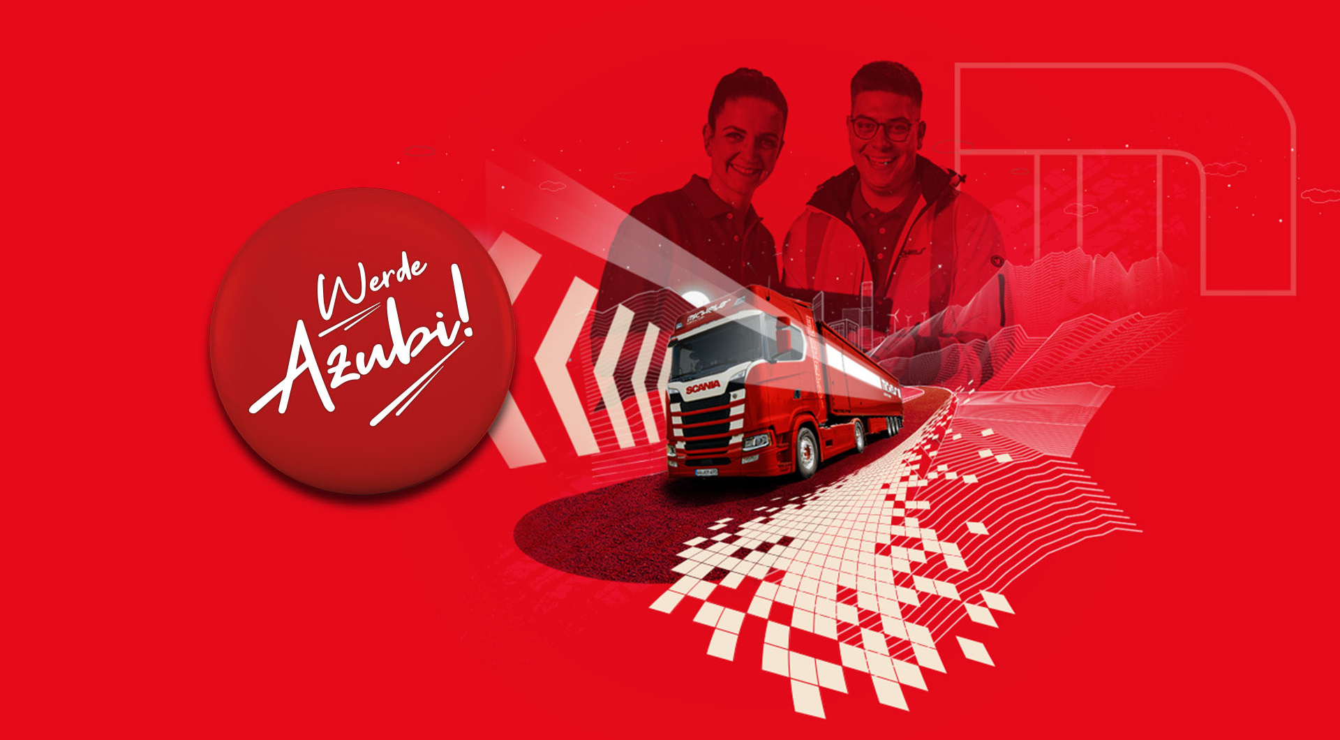 Roter Hintergrund, Lkw und zwei Personen.