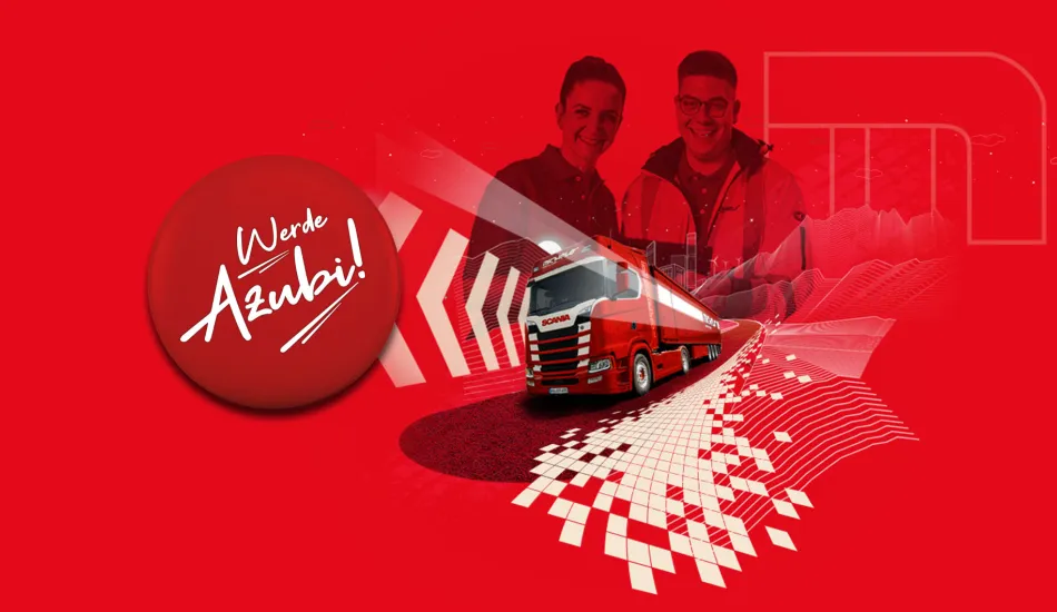 Roter Hintergrund, Lkw und zwei Personen.